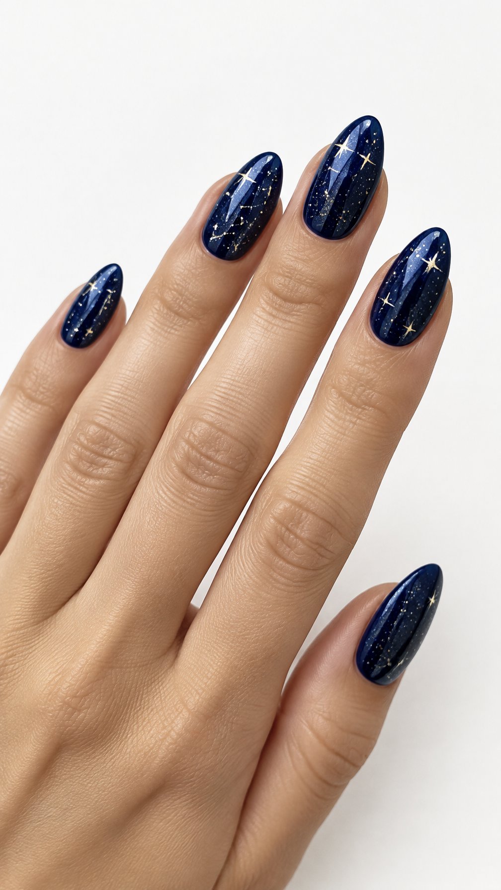 A single hand with glossy navy blue almond-shaped nails decorated with tiny stars and constellation details against a white background.