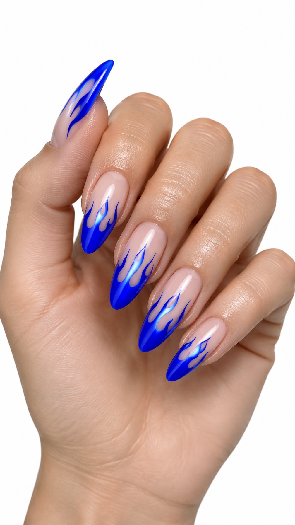 A single hand with glossy almond-shaped nails decorated with bright blue flame tips on a white background.