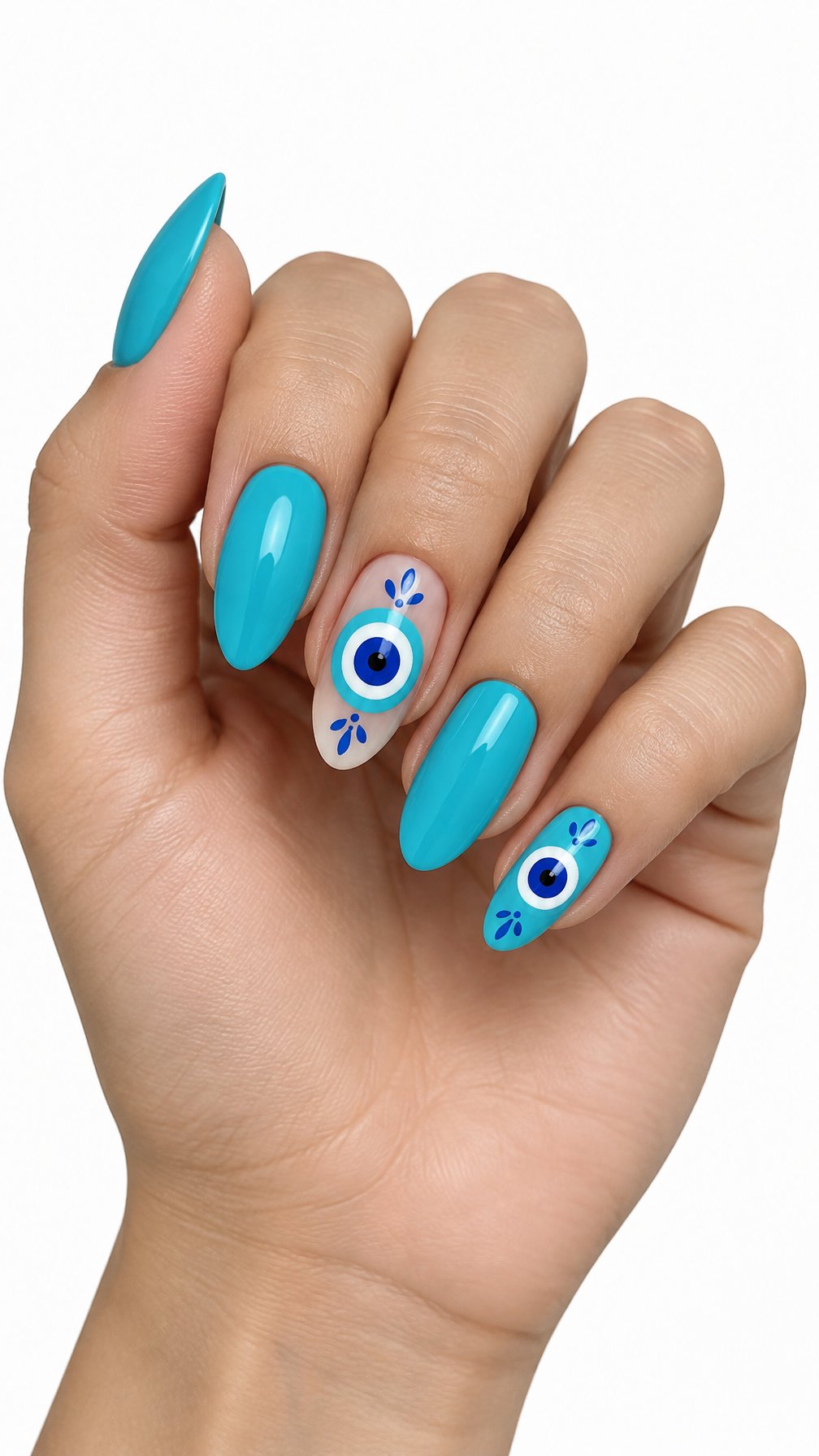 A single hand with glossy turquoise almond-shaped nails, including blue and white evil eye designs, against a white background.
