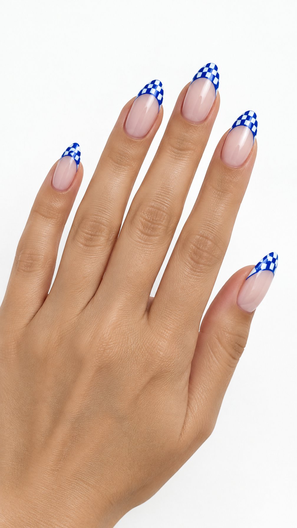 One hand with almond-shaped nails painted with blue French tips and blue-and-white checkered designs on a white background.