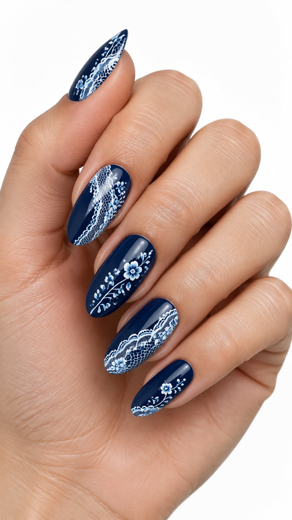 A single hand with glossy navy blue almond-shaped nails decorated with delicate lace-like designs on a white background.