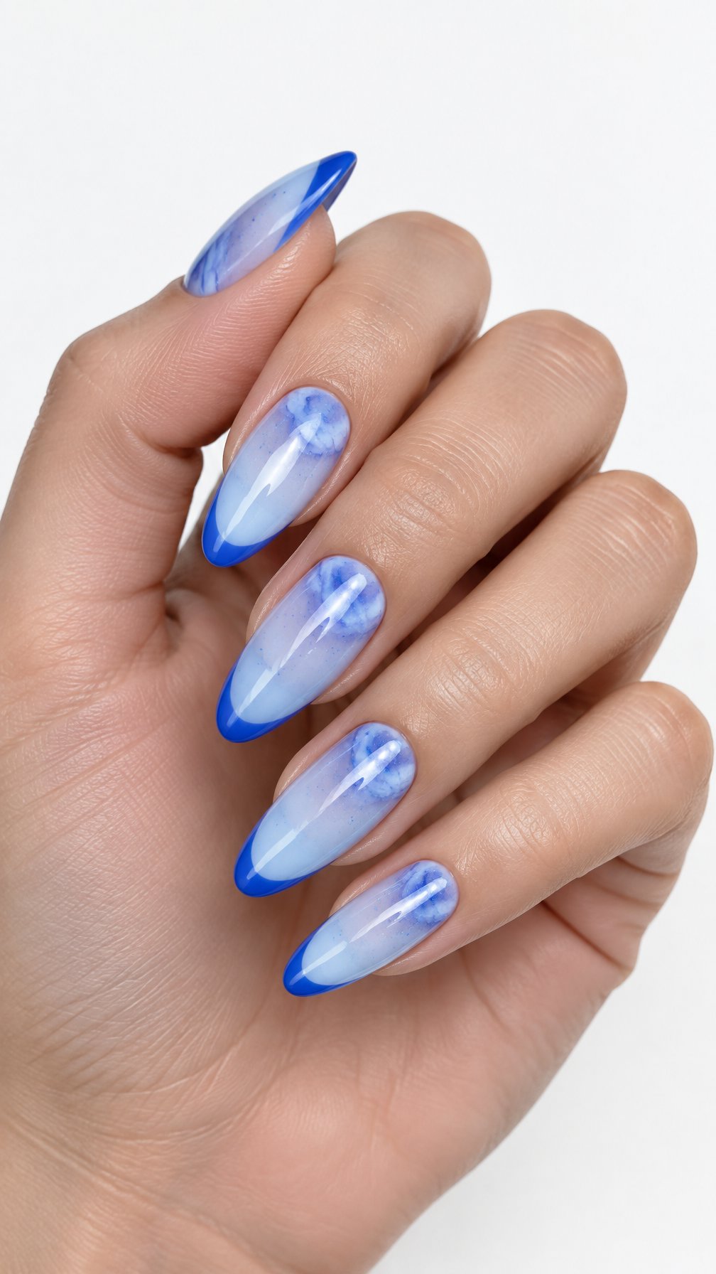 A single hand with glossy almond-shaped blue nails against a white background.