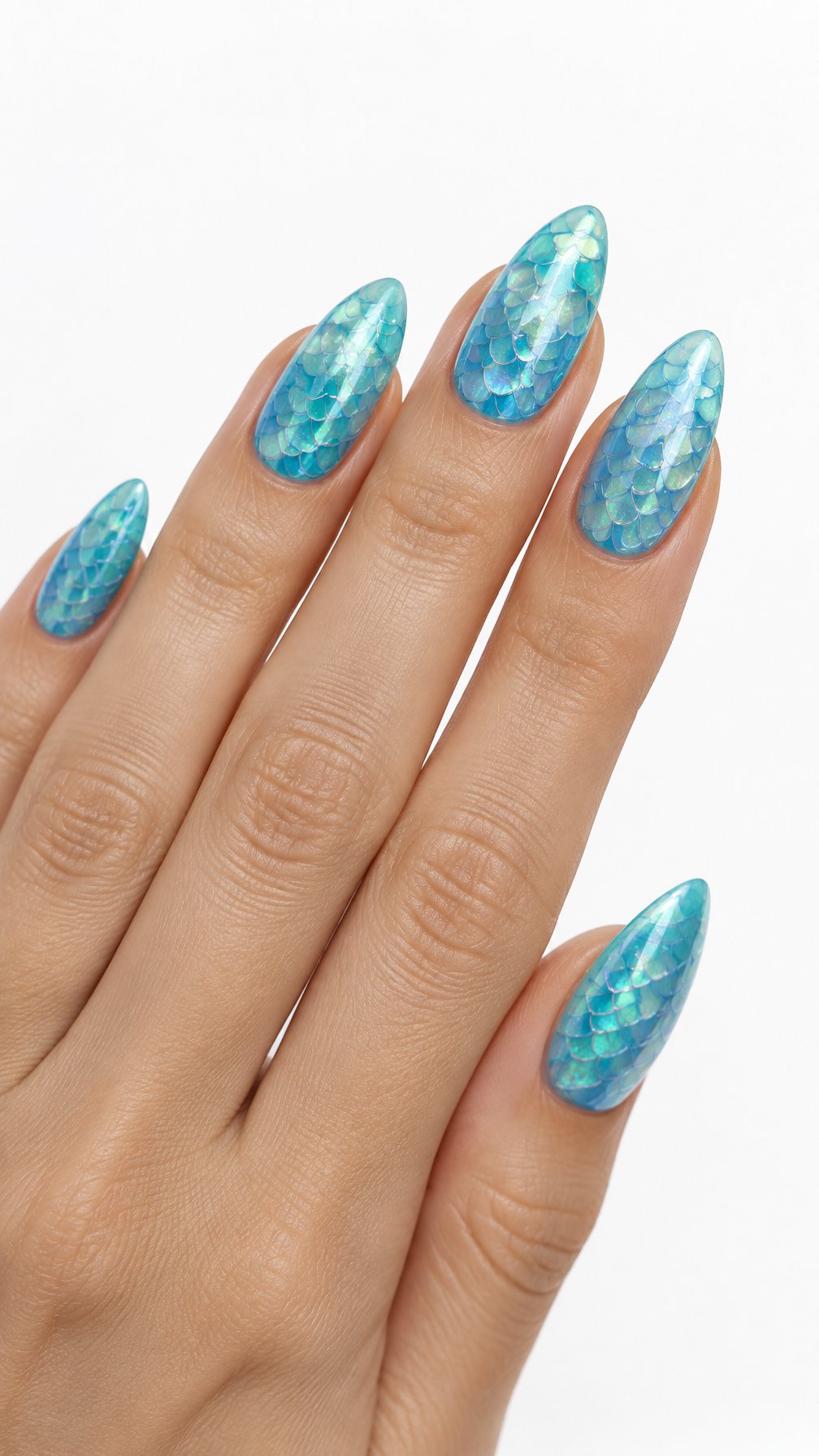 A single hand with glossy aquamarine mermaid-scale almond nails against a white background.