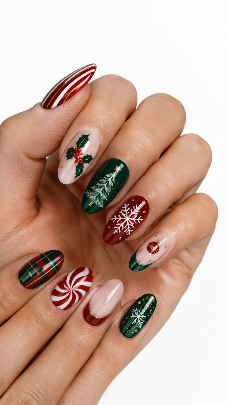 A single hand with red and green Christmas nail designs rests against a white background.