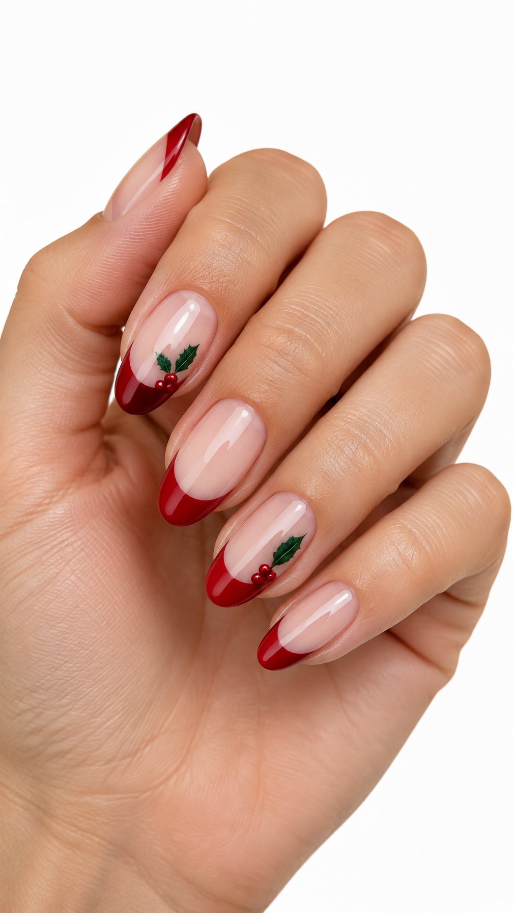 A single hand with glossy red French-tip nails decorated with small green holly leaves and red berries on a white background.