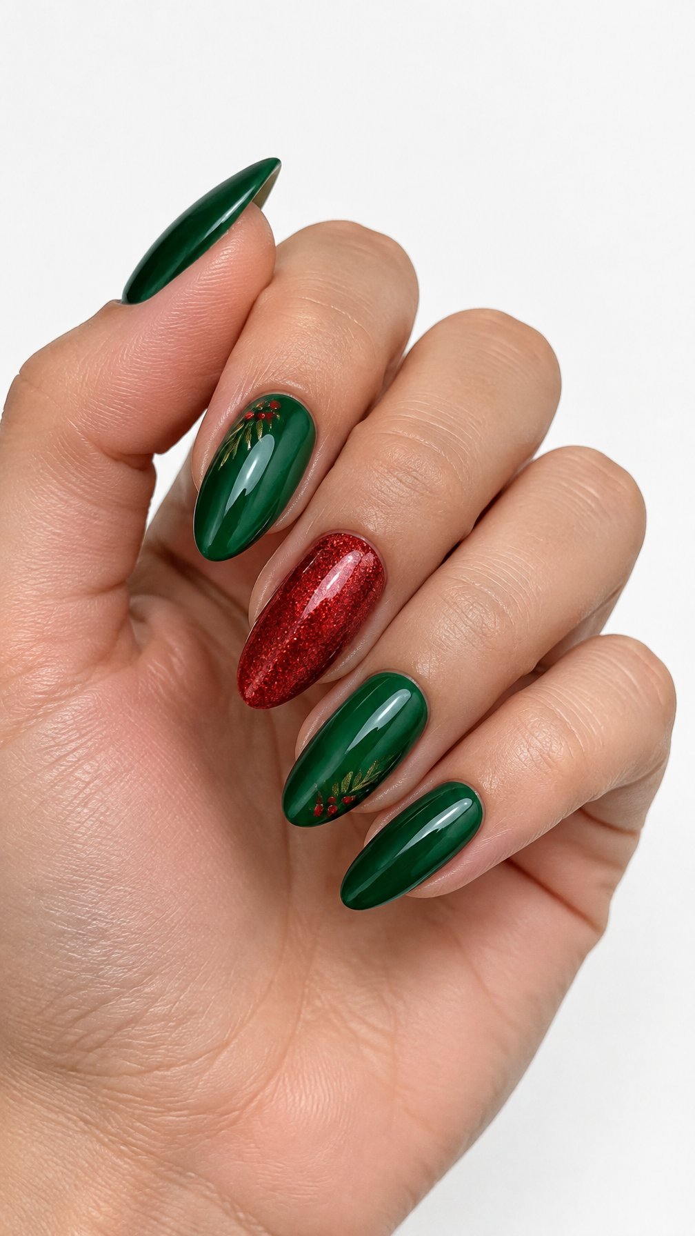 One hand with glossy emerald green manicured nails and one red glitter accent nail on a white background.