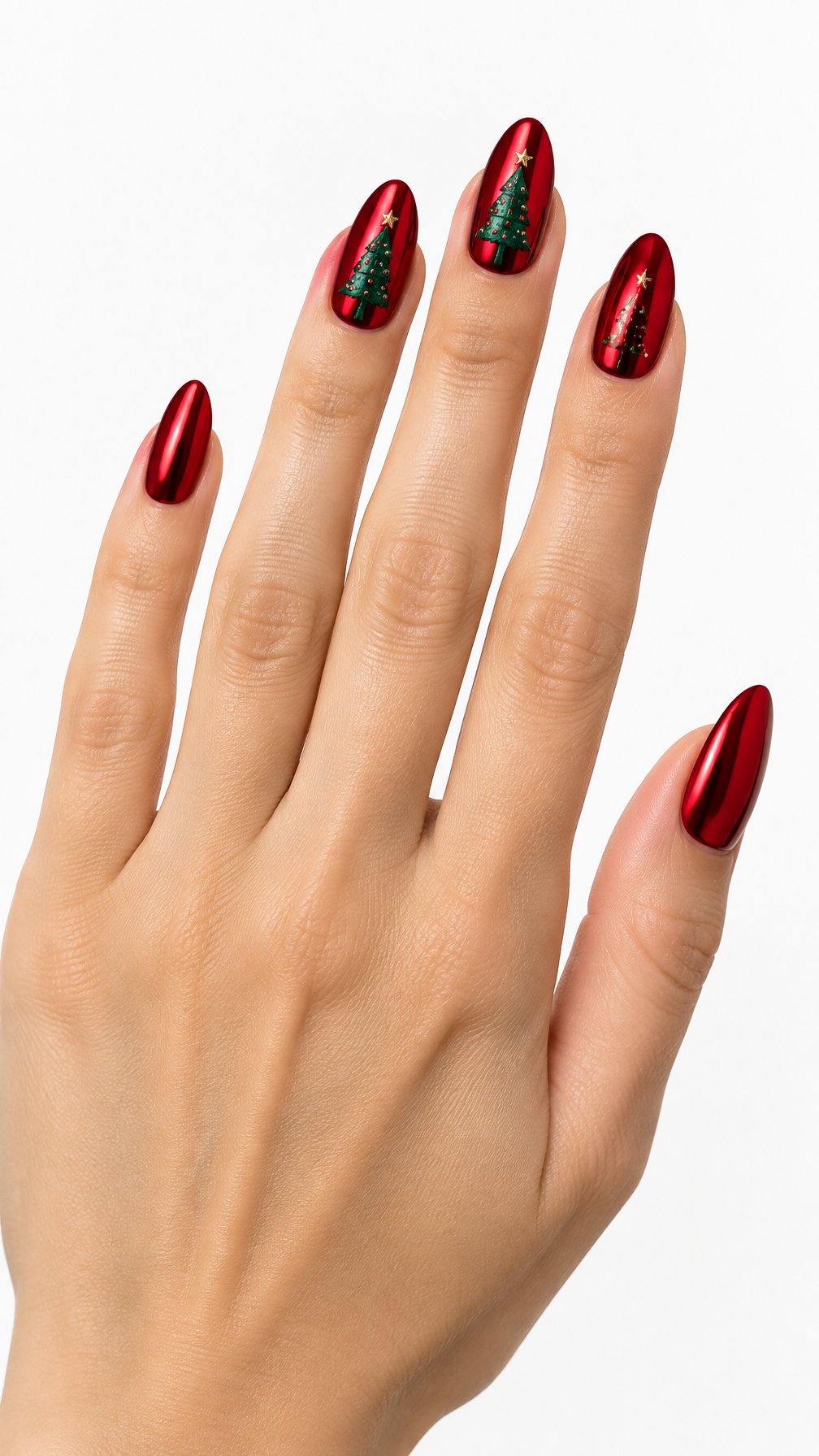 One hand with glossy red chrome nails and tiny green Christmas tree designs on a white background.