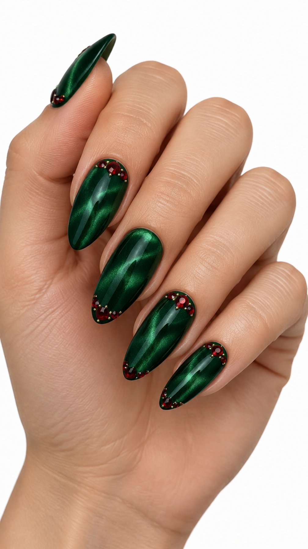 A single hand with deep green manicured nails decorated with red rhinestones rests against a white background.