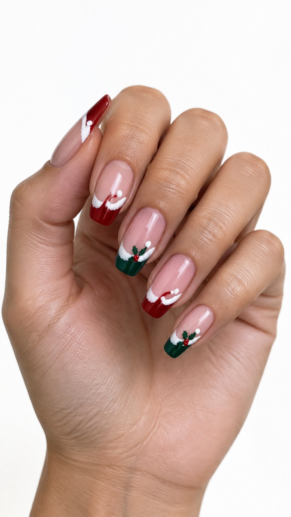 A single hand displays glossy red and green Christmas manicure with Santa hat French-tip designs against a white background.