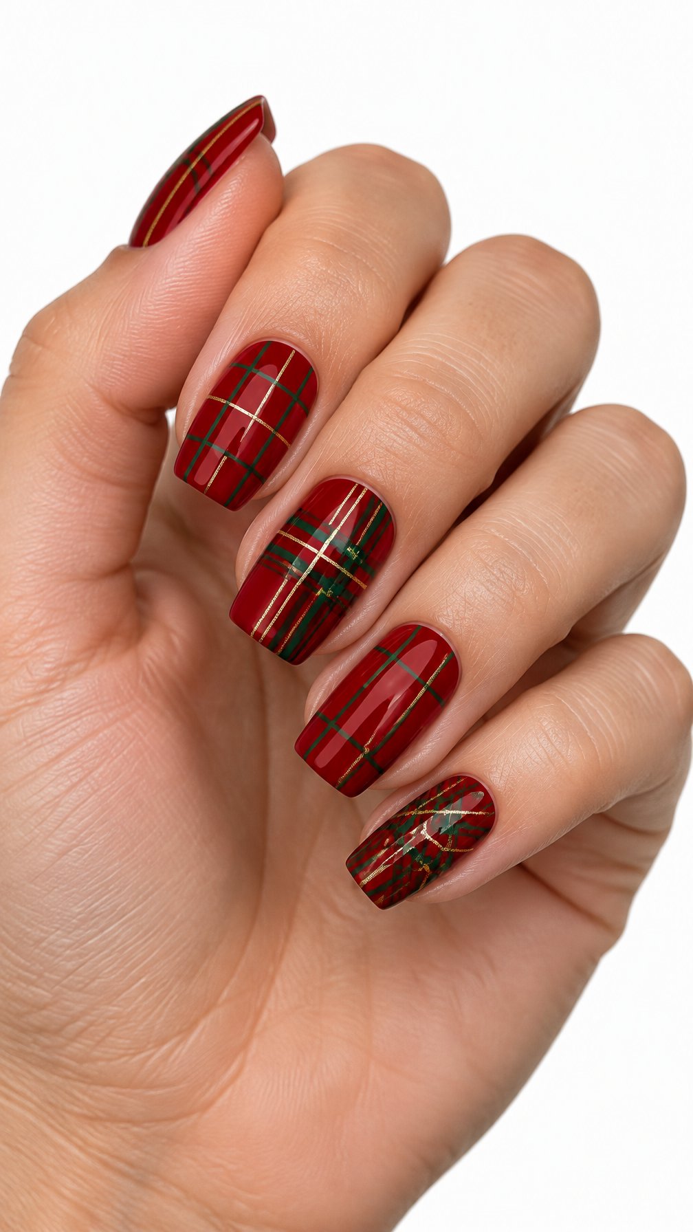 A single hand with glossy red plaid nails accented by forest green and gold lines on a white background.
