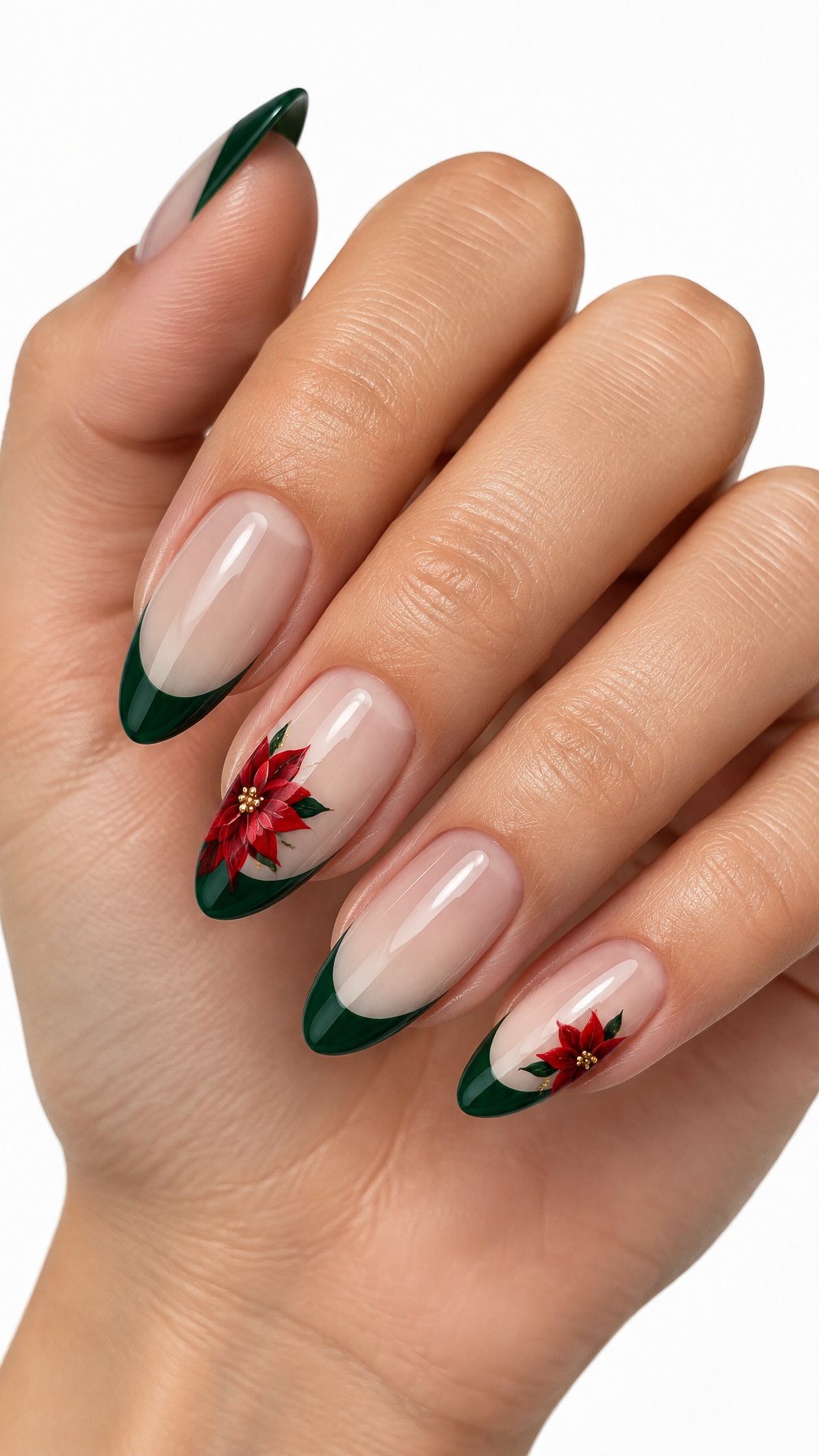 A single hand with glossy green French-tip nails decorated with small red poinsettia flowers on a white background.