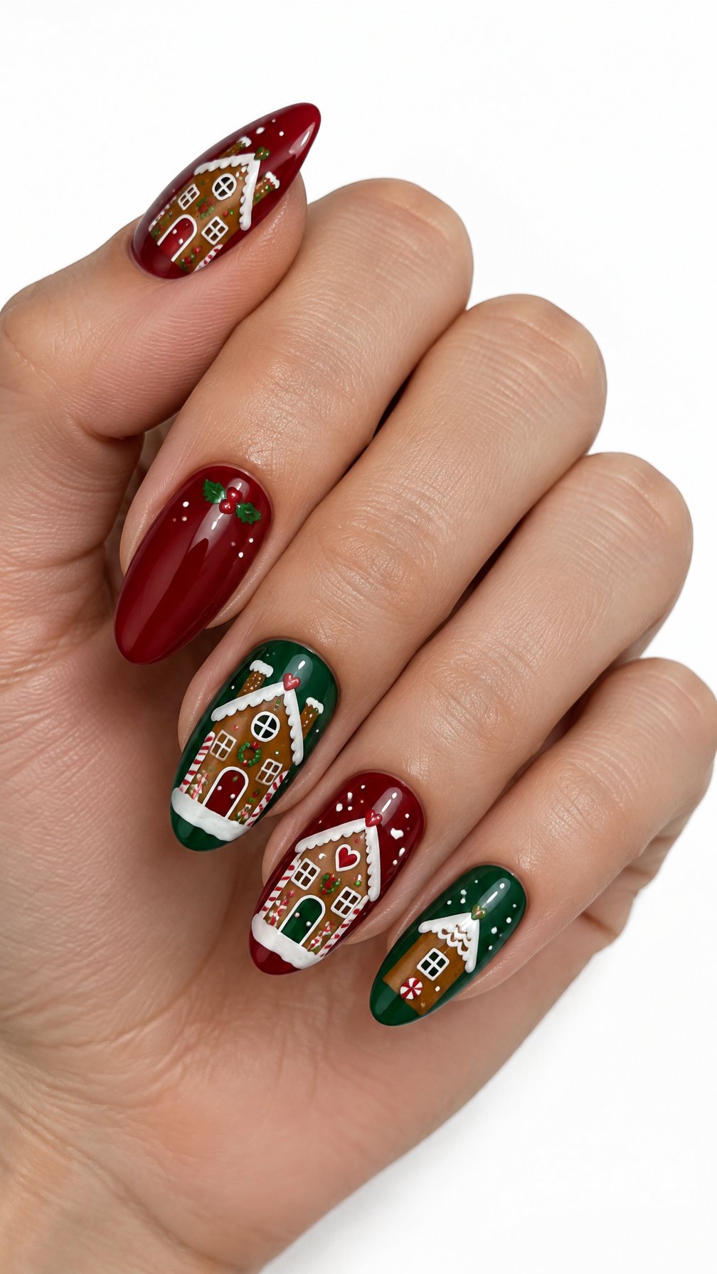 A single hand displays red and green Christmas nails decorated with detailed gingerbread house designs against a white background.