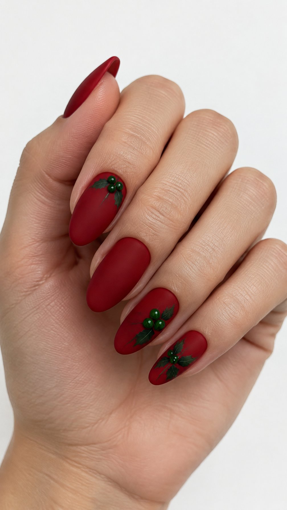 A single hand with matte red manicured nails decorated with glossy green holly berries against a white background.