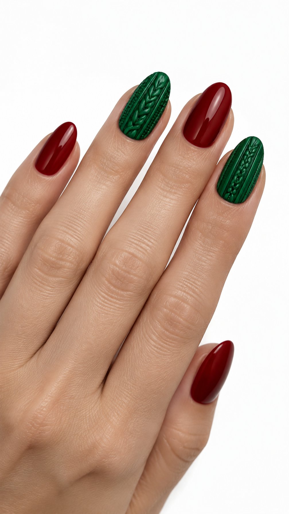 A single hand displays glossy red nails with green cable-knit textured accent nails against a white background.