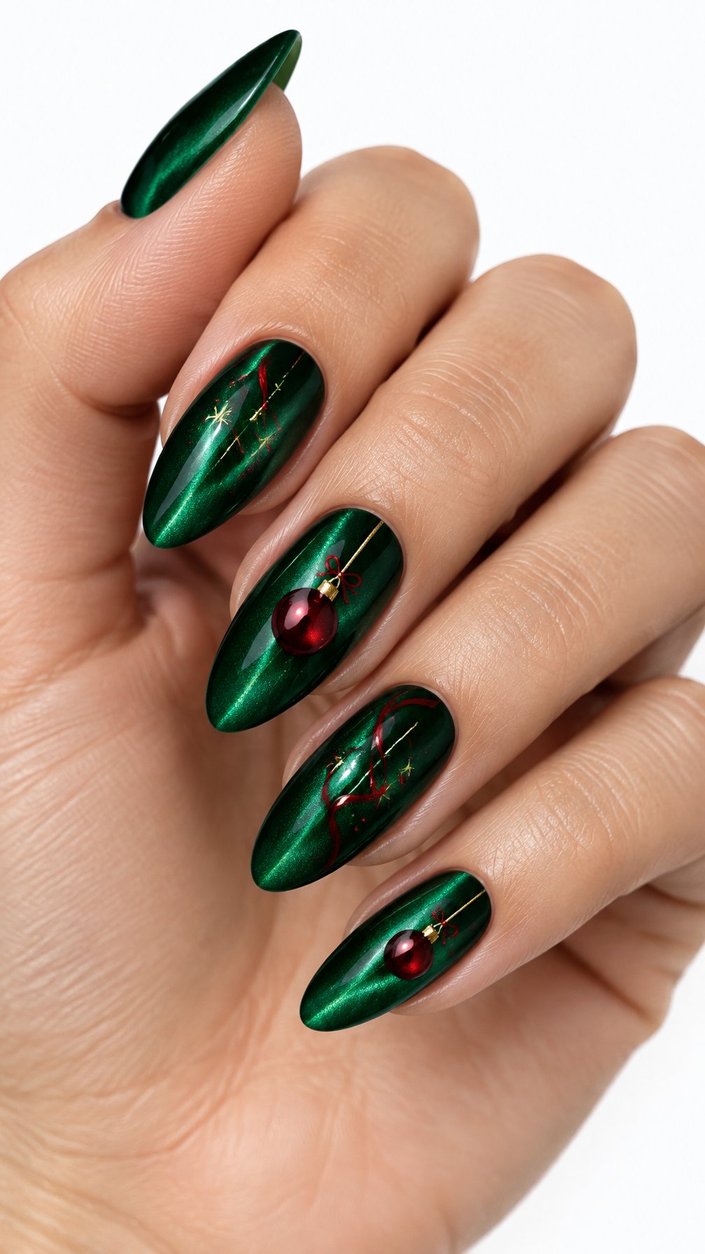 A single hand with glossy emerald green cat-eye nails decorated with red Christmas ornament designs against a white background.