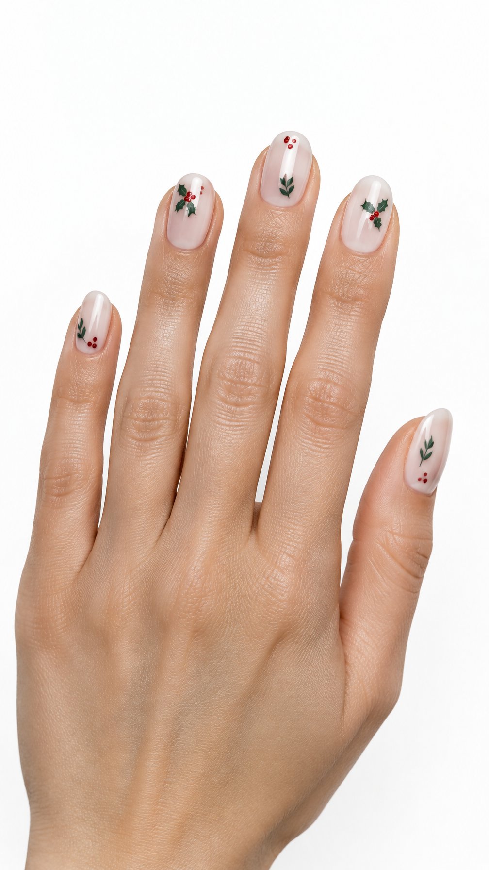 A single hand with short oval nails decorated with tiny red dots and green holly sprigs on a pale base.