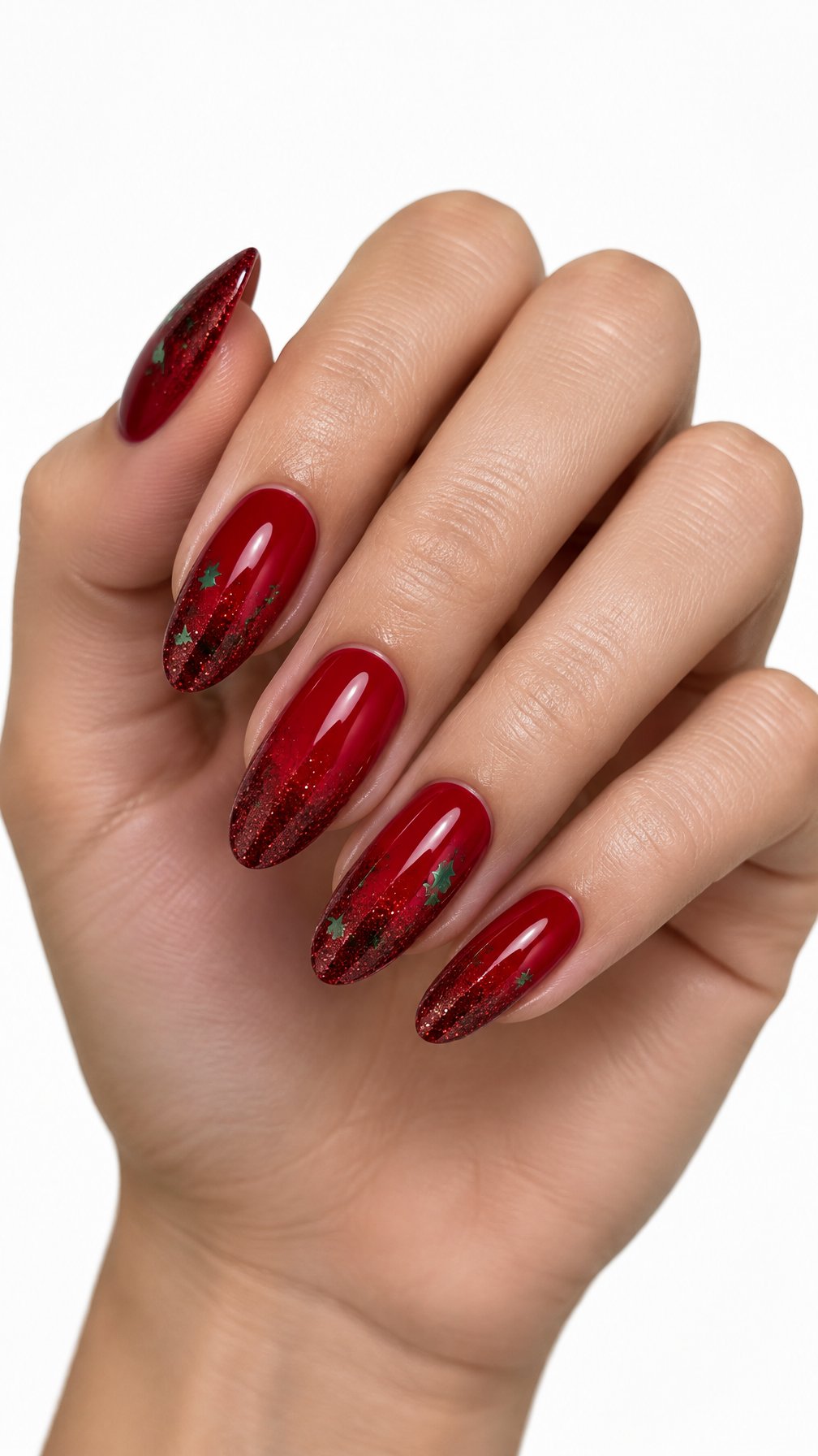 A single hand with glossy red glitter gradient nails decorated with small green star accents against a white background.
