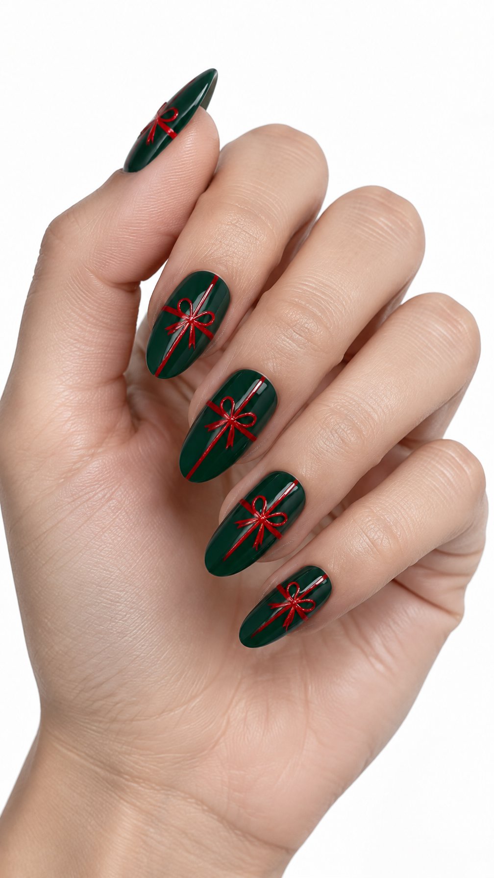 A single hand with glossy forest-green nails decorated with red crossed ribbon designs against a white background.