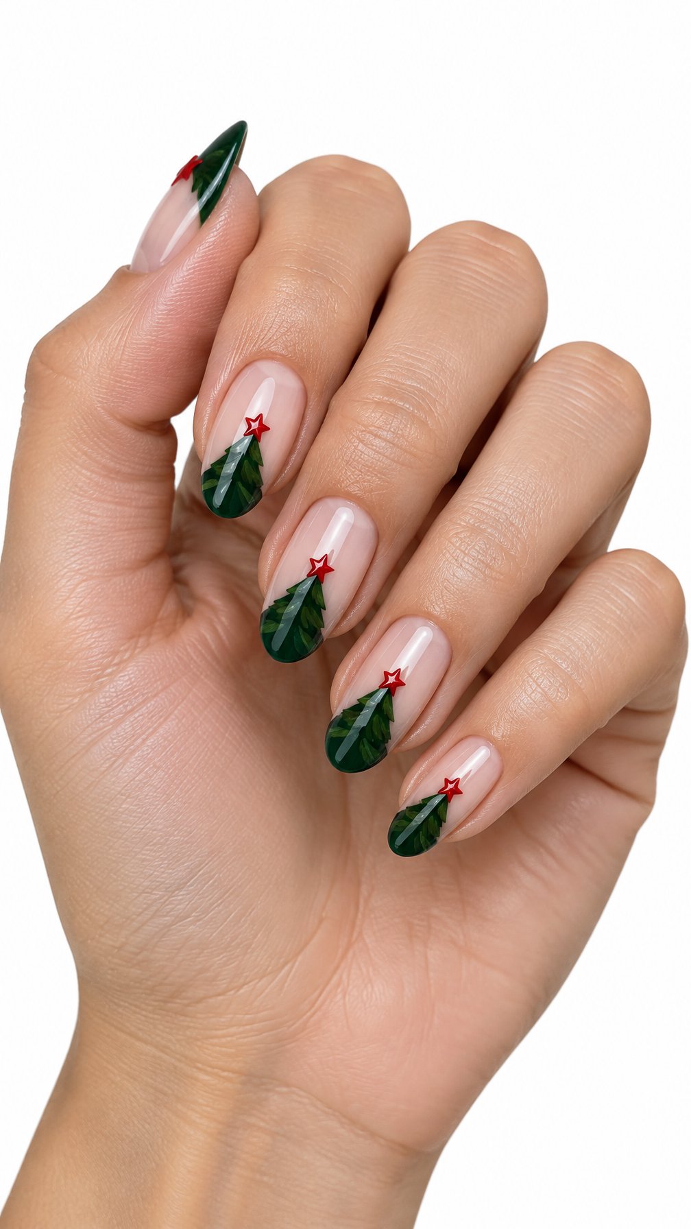 A single hand with glossy green Christmas tree nail tips topped with small red stars on a white background.