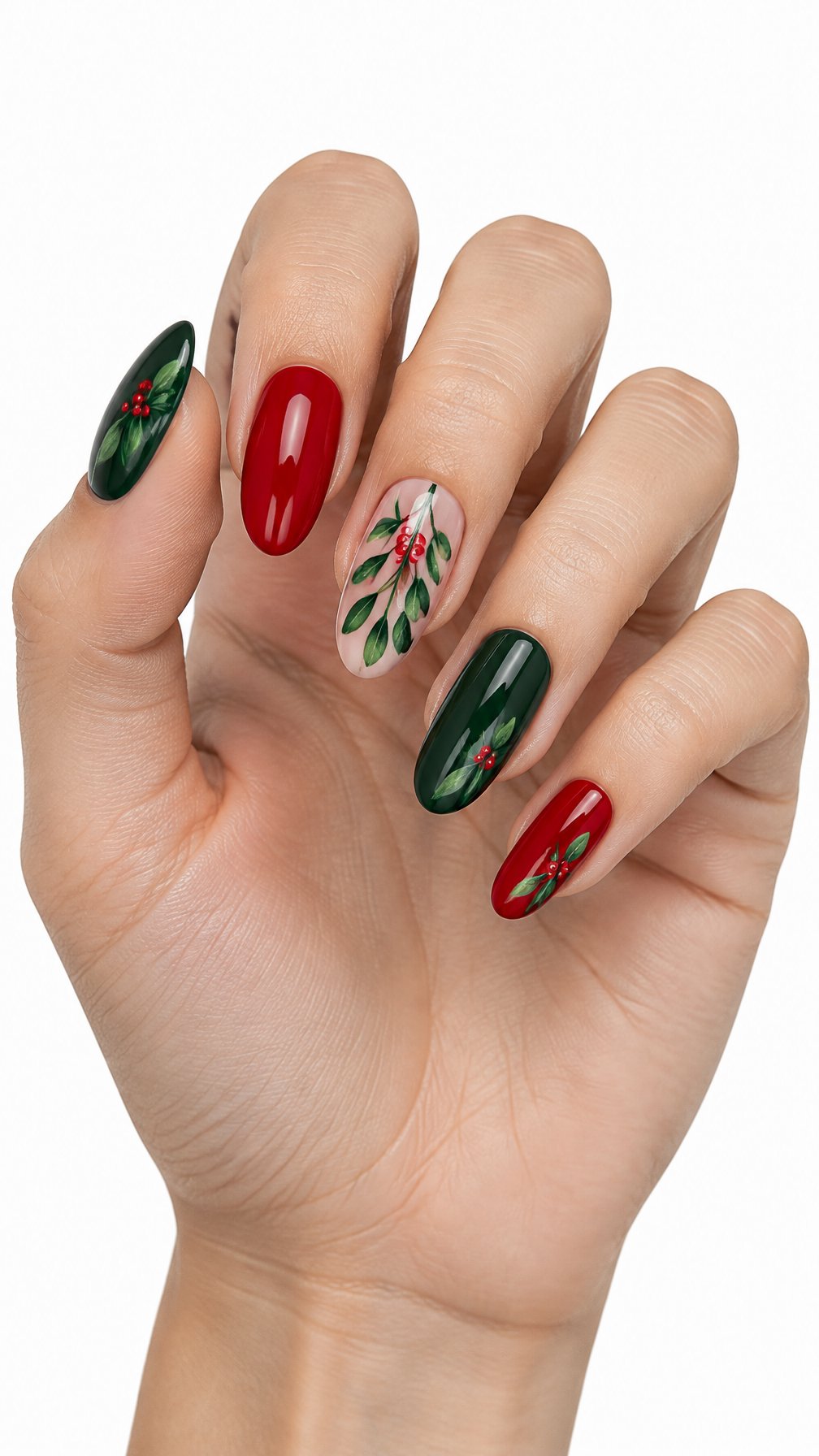One hand with red and green mistletoe Christmas nail art on neatly manicured nails against a white background.