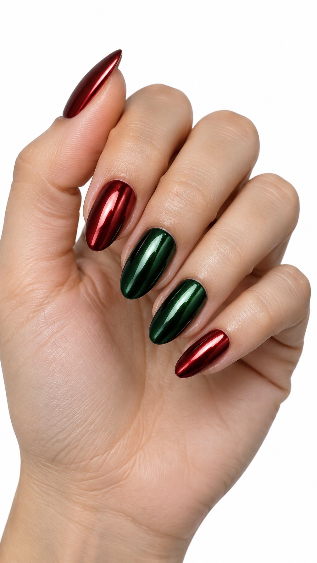 A single hand with alternating glossy cherry red and pine green nails on a white background.