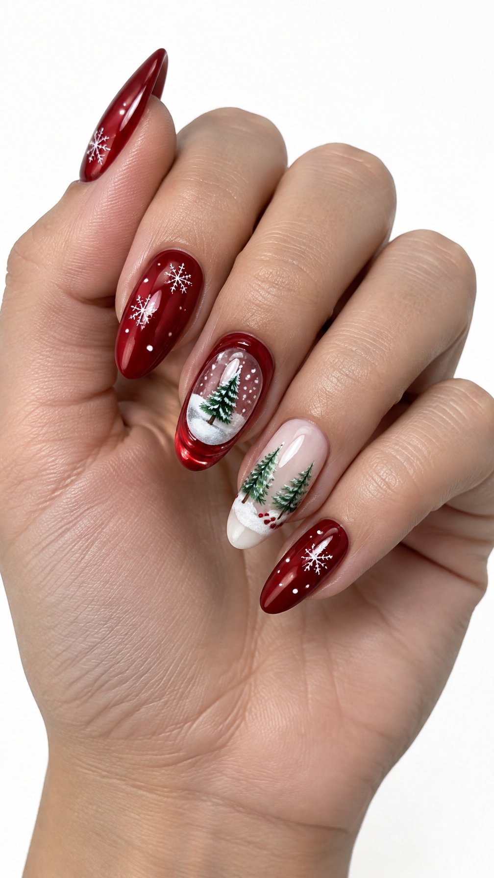 A single hand with glossy red and green Christmas nails featuring tiny snowy pine tree designs.