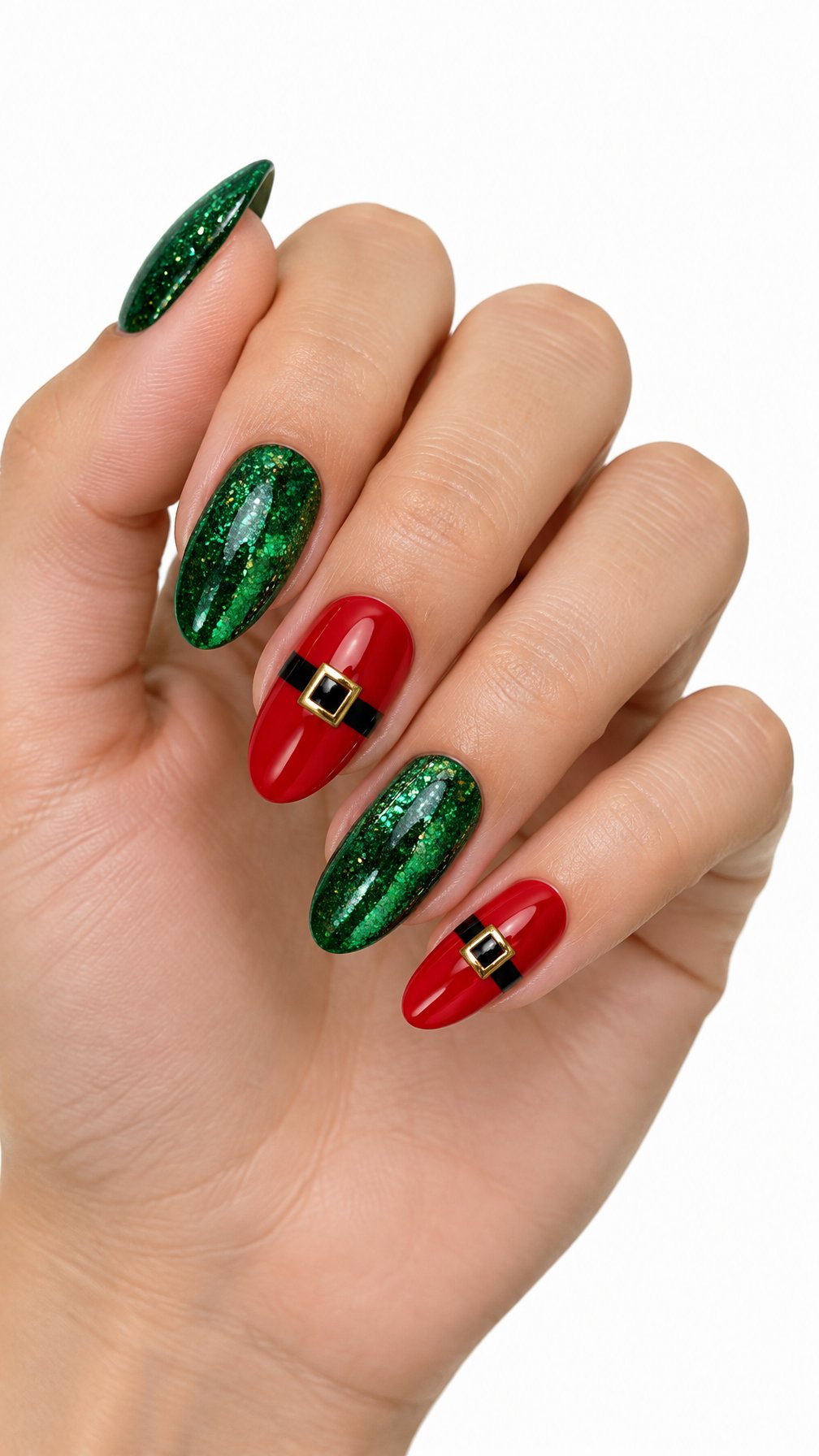 A single hand with green glitter nails and red Santa belt accents against a white background.