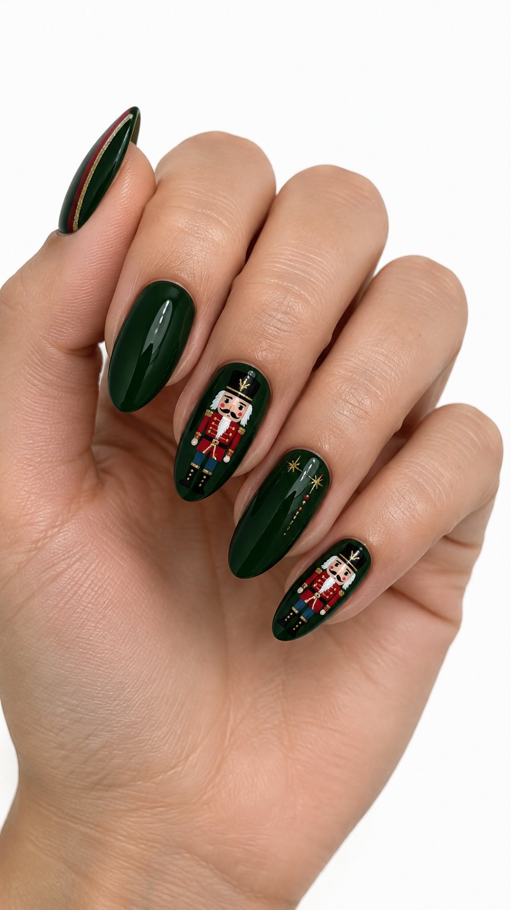 A single hand with glossy dark green Christmas nails featuring red nutcracker designs on a white background.