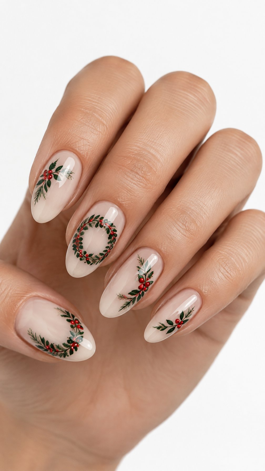 A single hand with glossy white nails decorated with green wreaths and clusters of red berries.