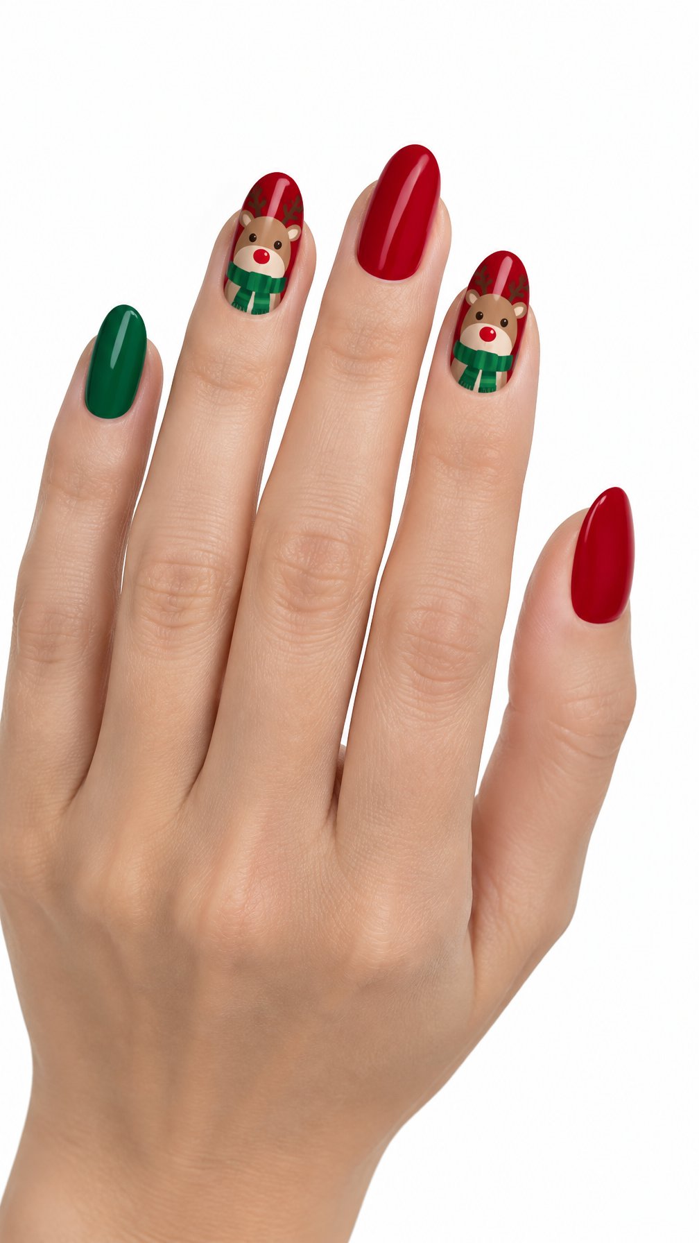 A single hand with glossy red and green Christmas manicure featuring reindeer and scarf designs on a white background.