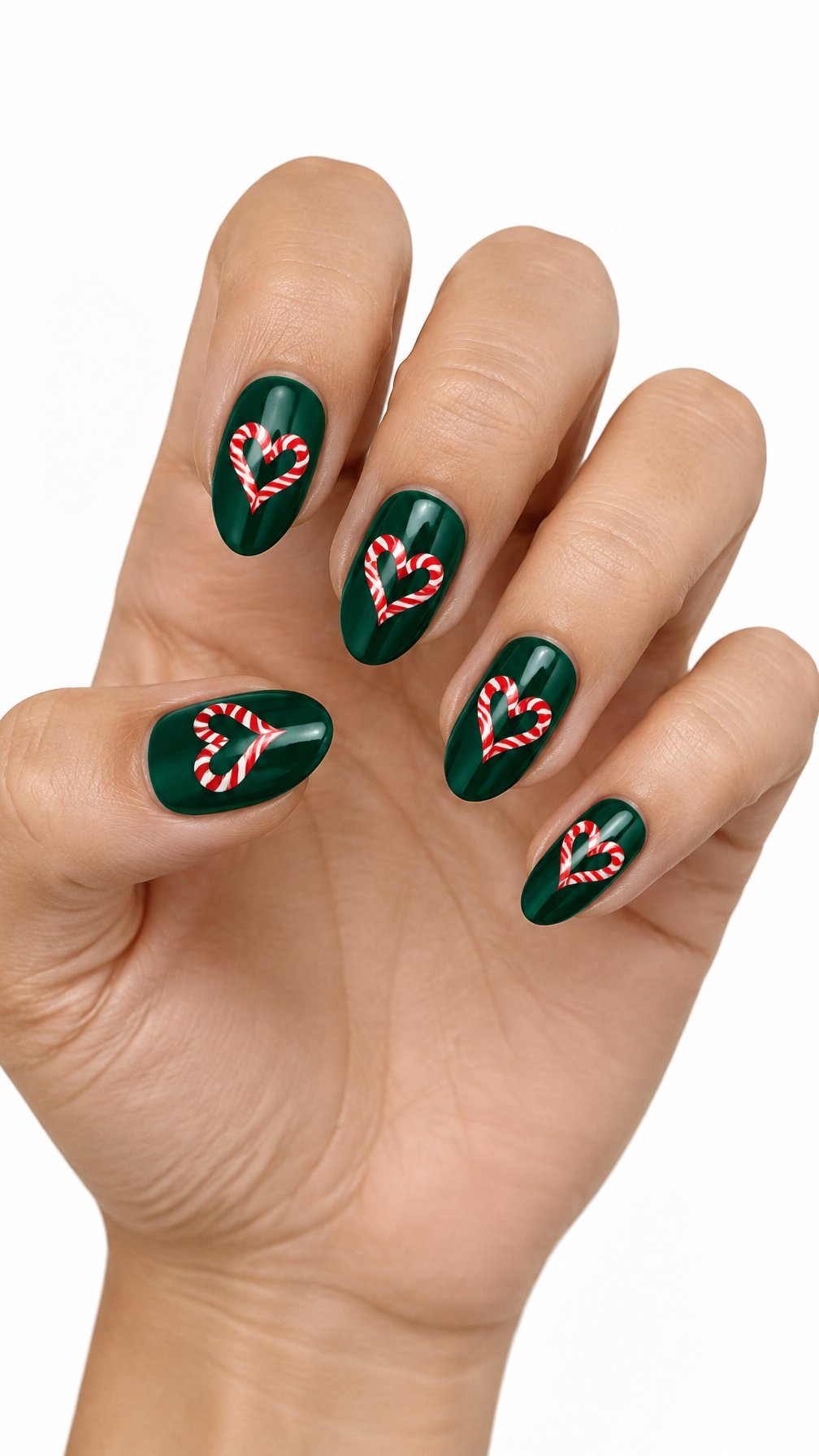 A single hand with glossy green nails decorated with red candy cane heart designs against a white background.