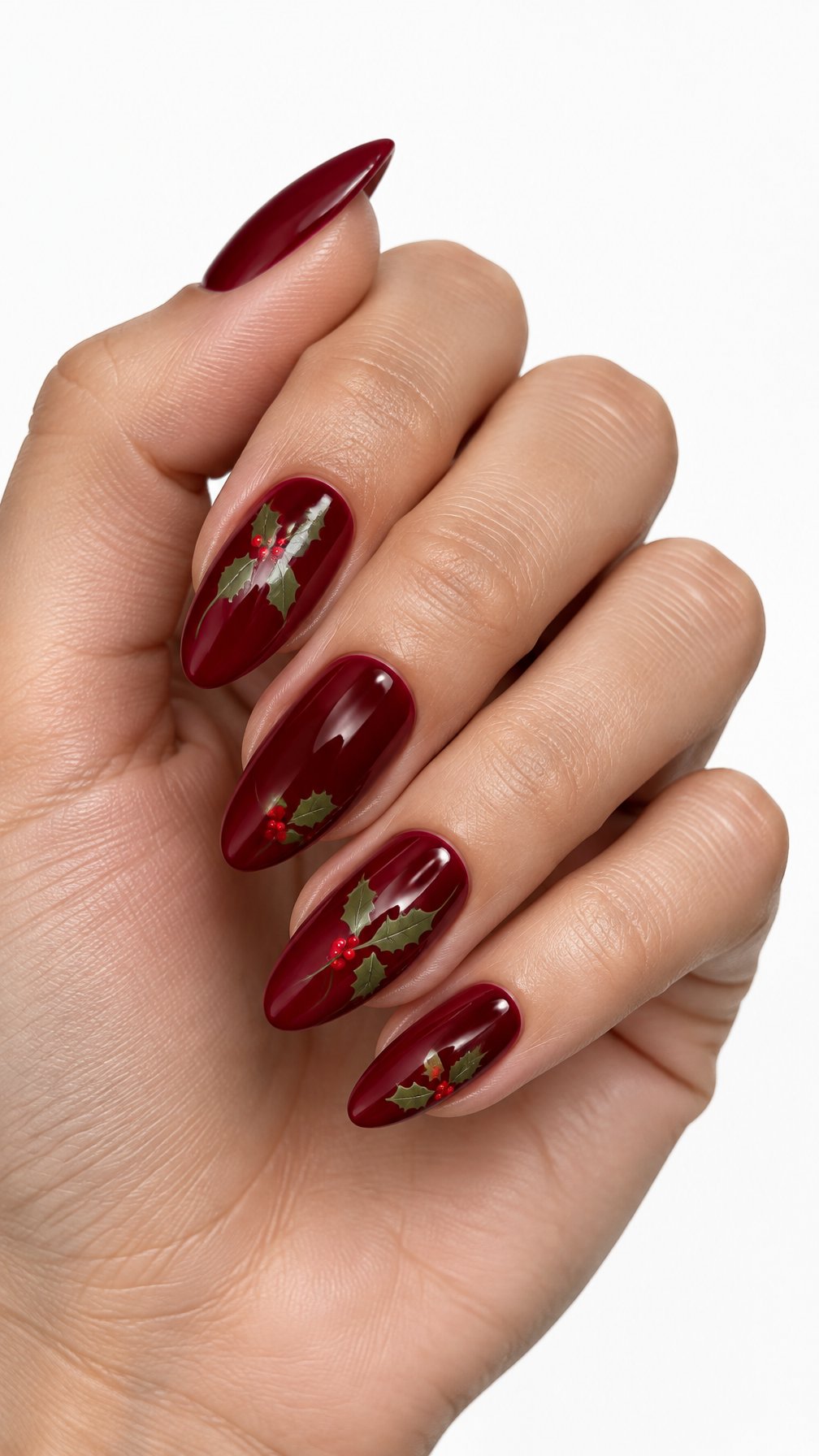 A single hand with glossy burgundy nails decorated with olive-green holly branches and red berries against a white background.
