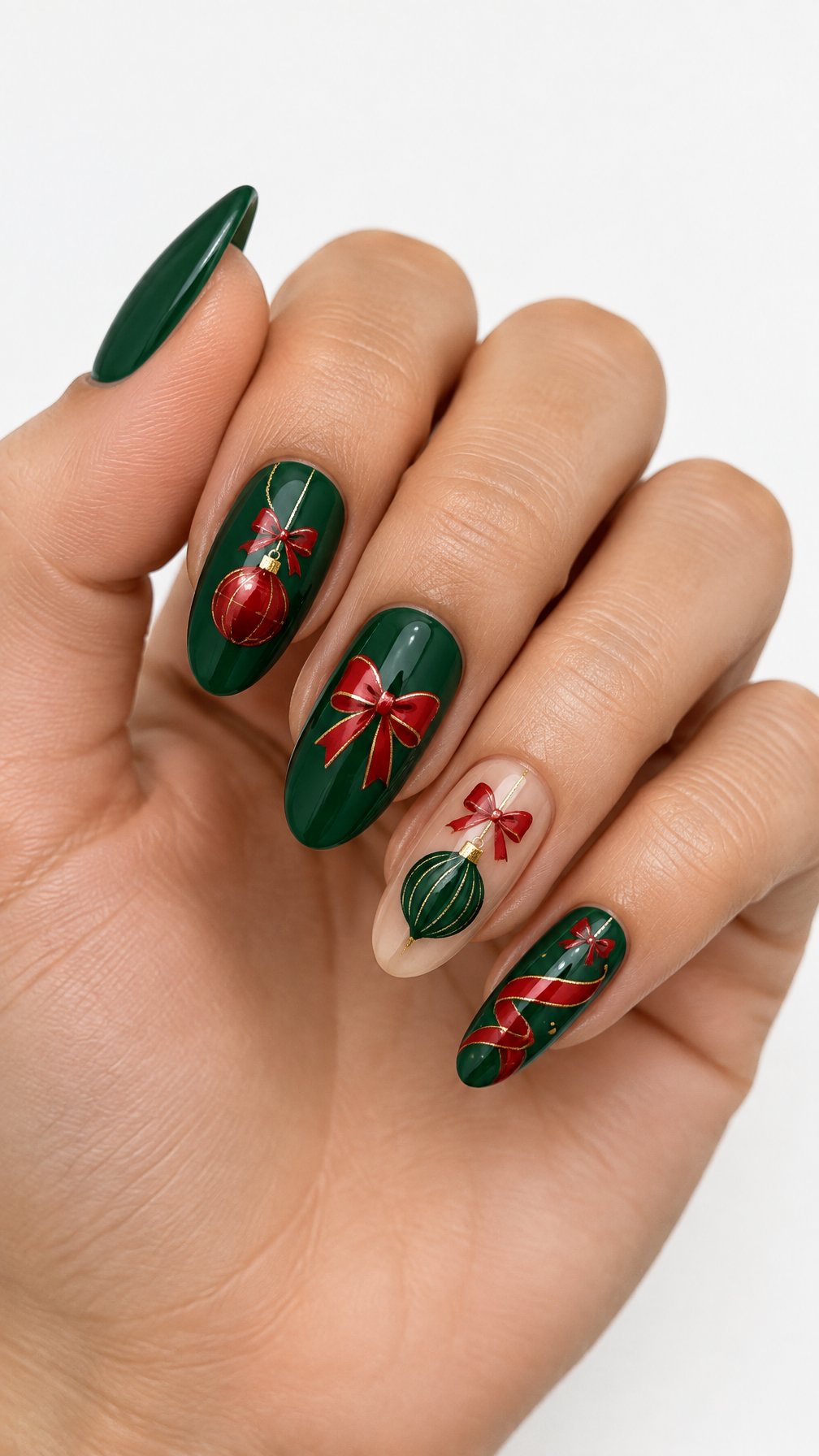 A single hand with glossy green nails decorated with red bows and Christmas ornament designs against a white background.