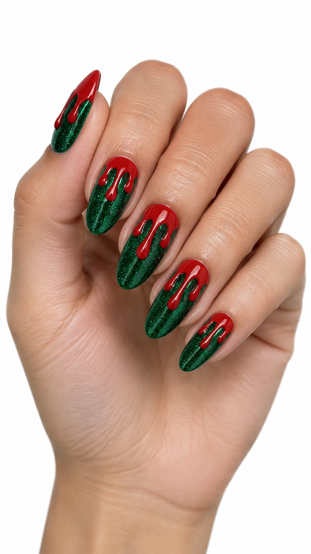 A single hand displays almond-shaped nails with red drip designs over a sparkling green base on a white background.
