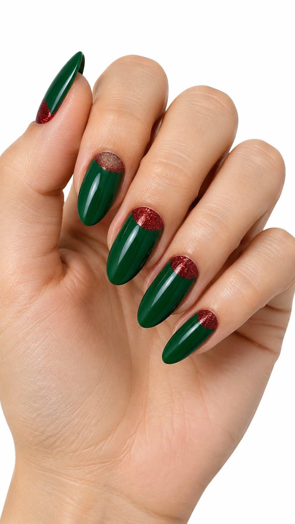 A single hand with glossy emerald green nails and red glitter half-moon nail beds against a white background.