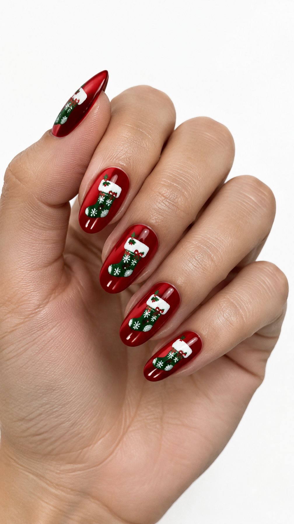 A single hand with glossy red nails decorated with green Christmas stockings against a white background.
