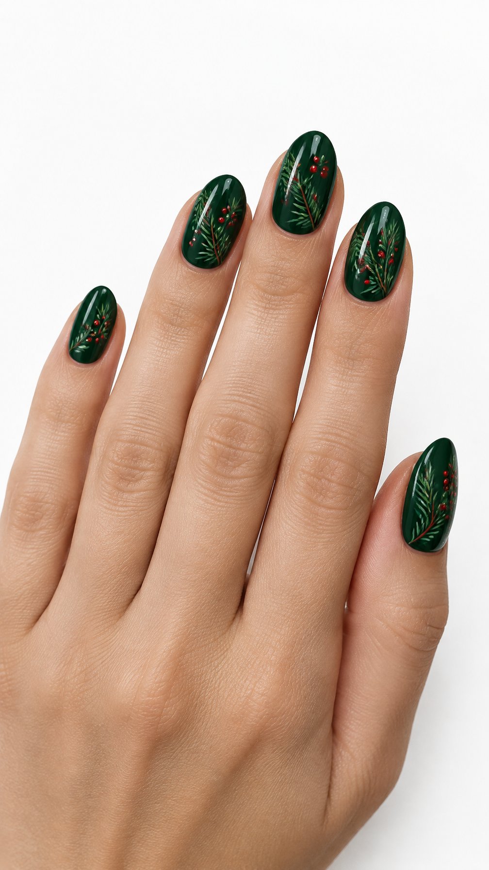 One hand with glossy green nails decorated with pine needles and small red berry dots on a white background.