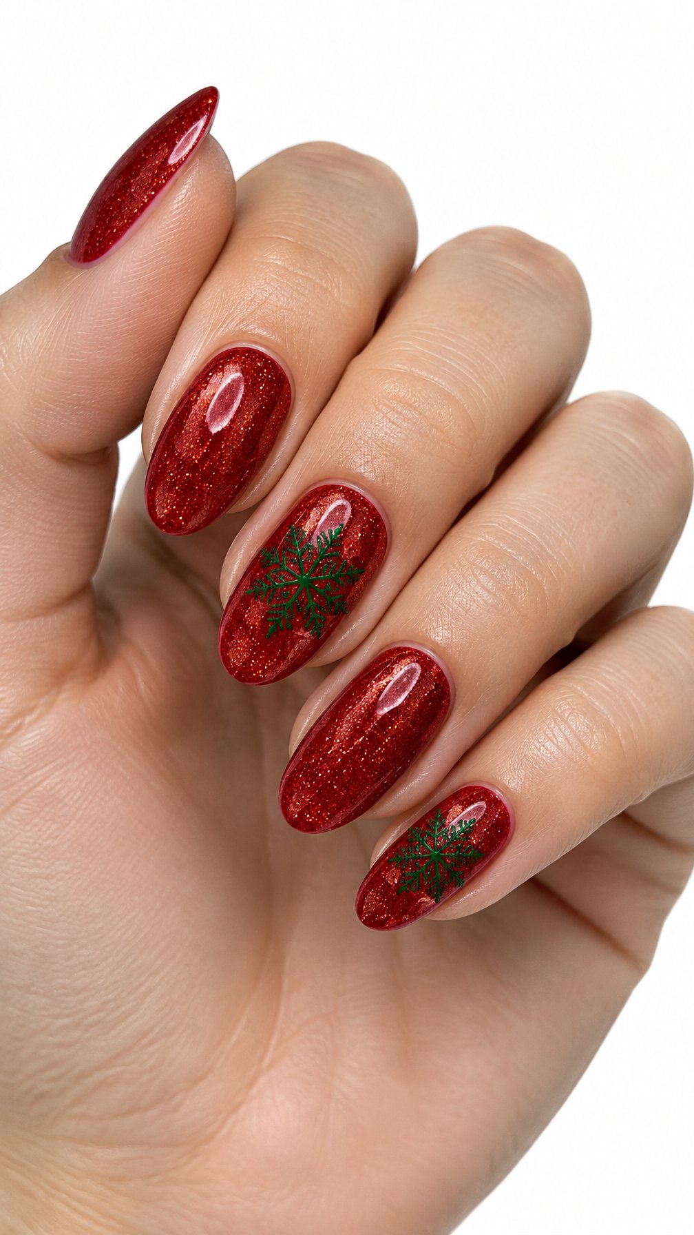 A single hand with red glitter nails and green snowflake designs on a white background.