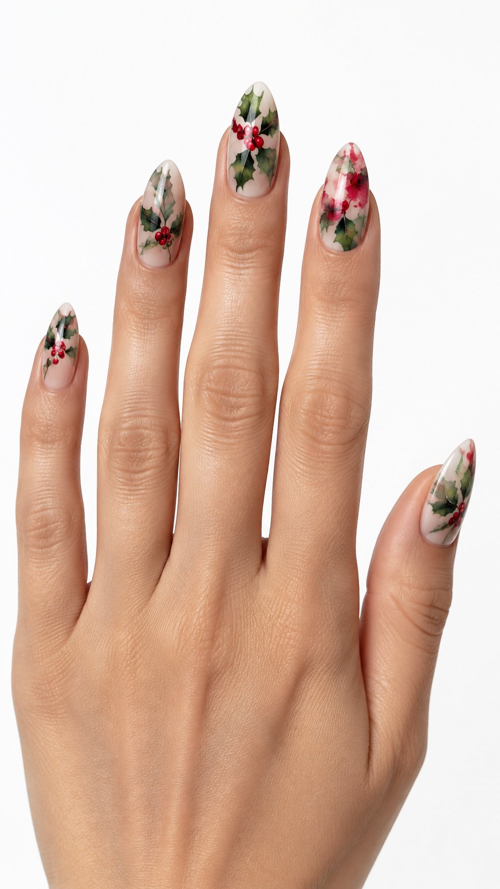 A single hand with red and green holly-patterned nails against a white background.