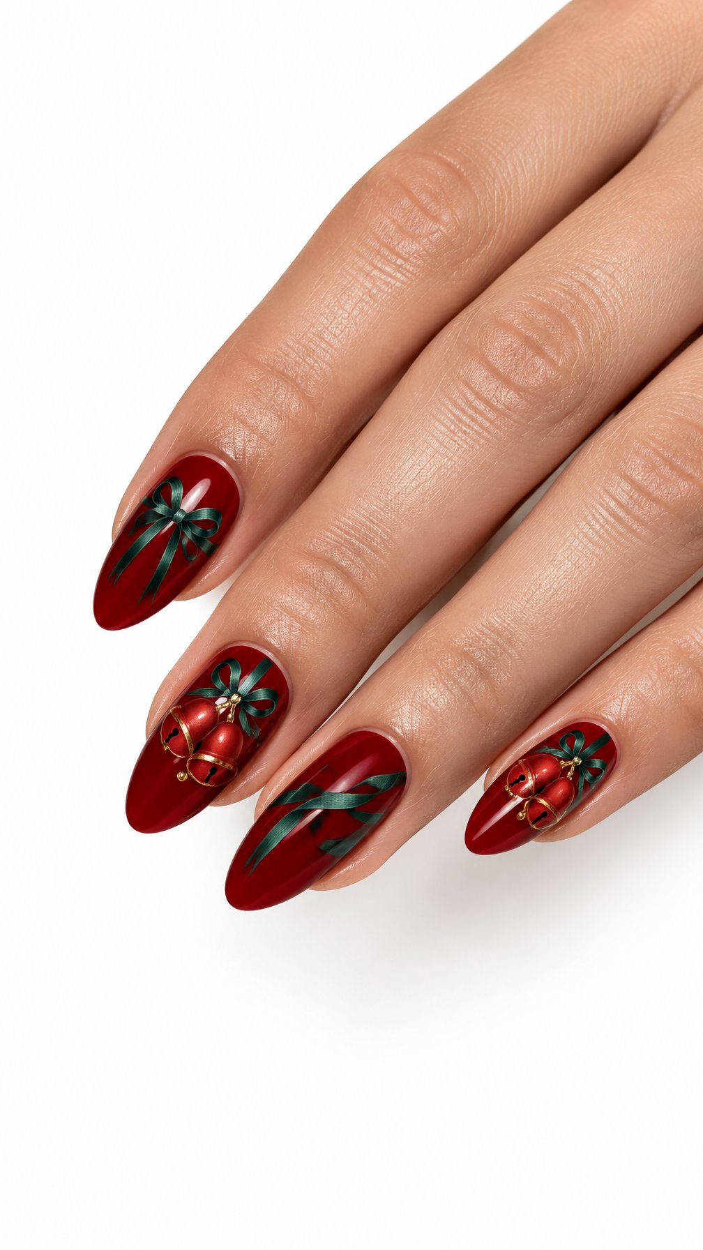 A single hand with glossy red Christmas nails decorated with green ribbon strokes and tiny jingle bell designs on a white background.