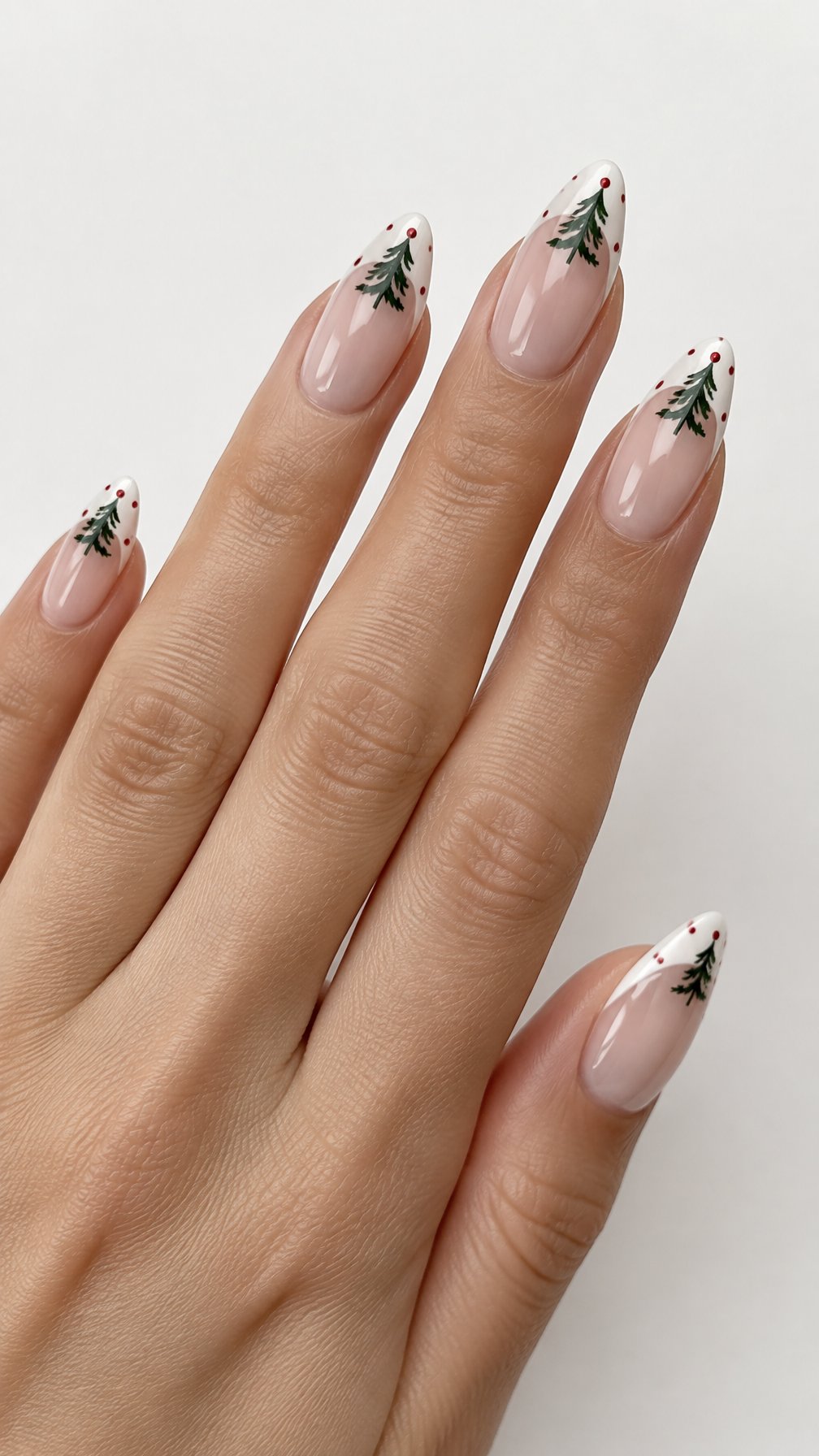 A single hand with glossy white French-tip nails decorated with green fir trees and tiny red dots.