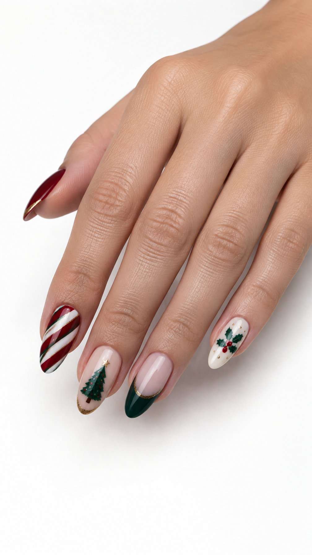 A single hand displays five red and green Christmas-themed manicured nails against a white background.