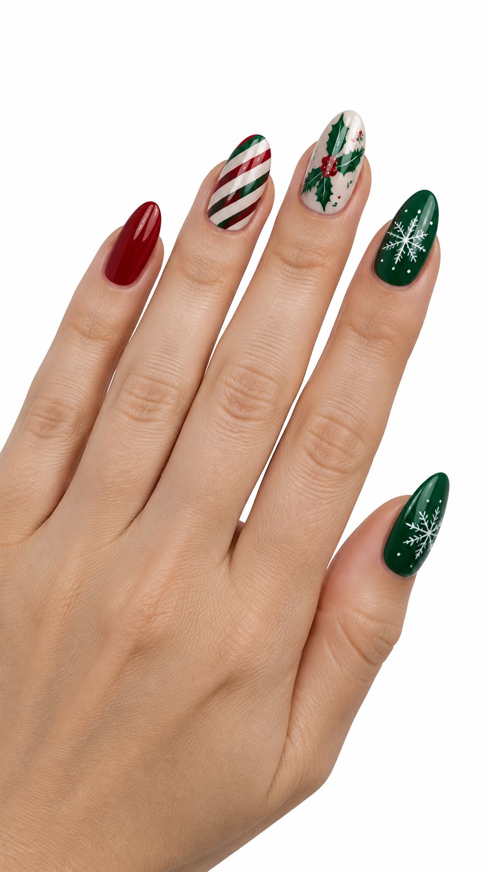 A single hand displays glossy red and green Christmas-themed nail art against a white background.