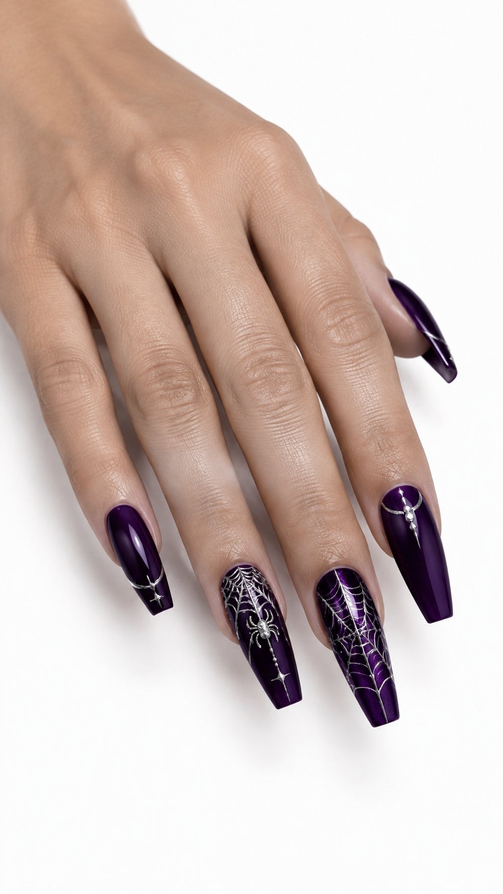 Long purple coffin-shaped nails decorated with silver cobweb designs