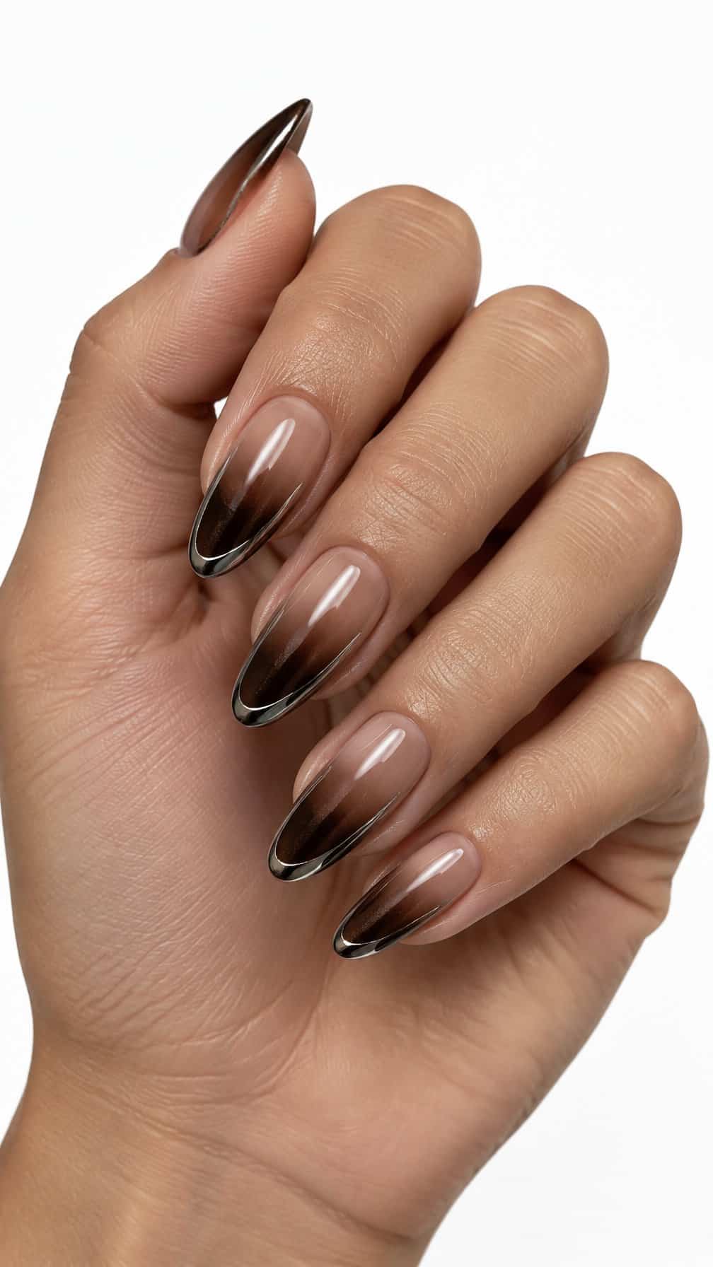 Glossy walnut brown ombre nails and silver chrome accents