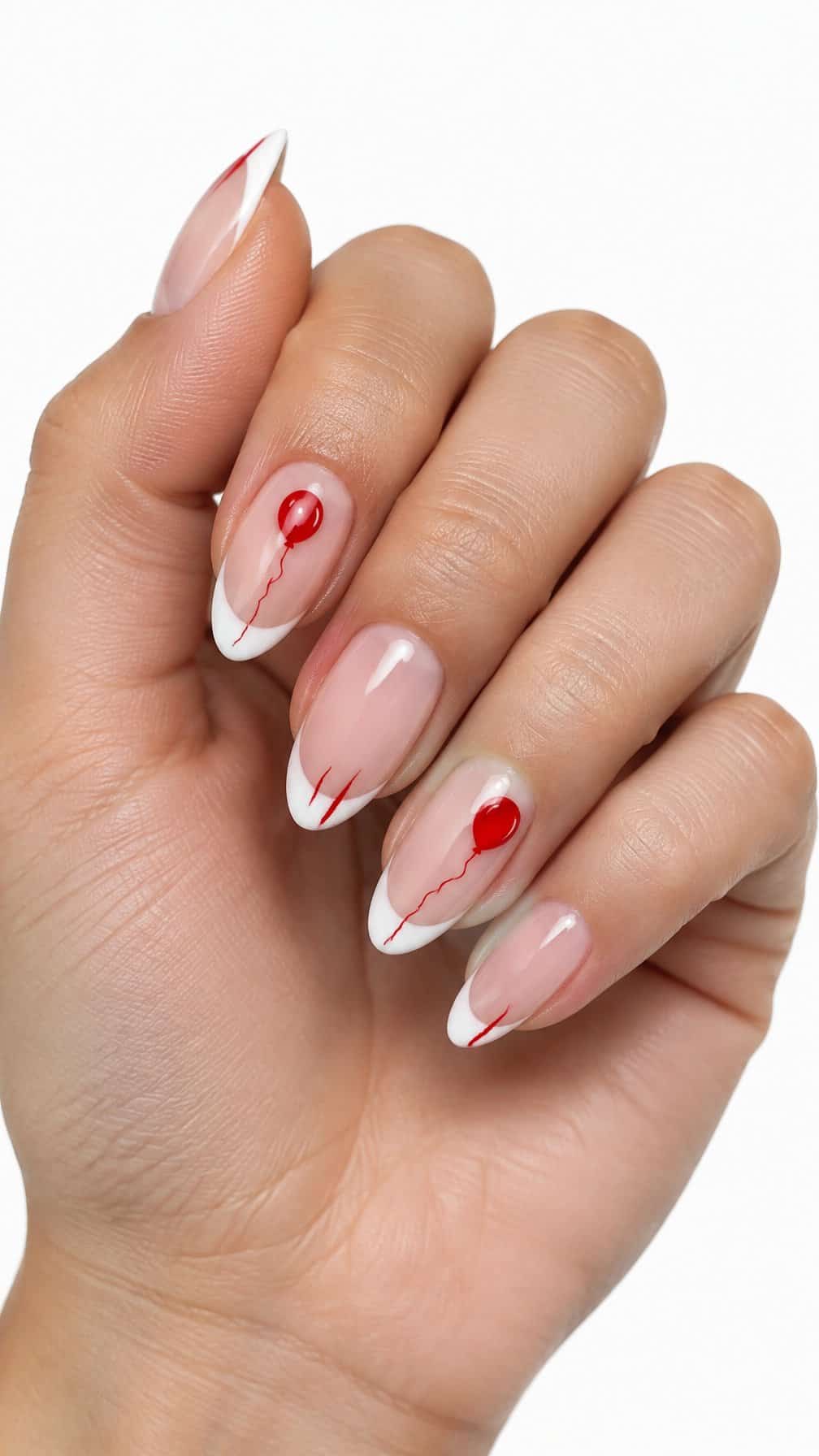 White French-tip nails decorated with small red balloon designs