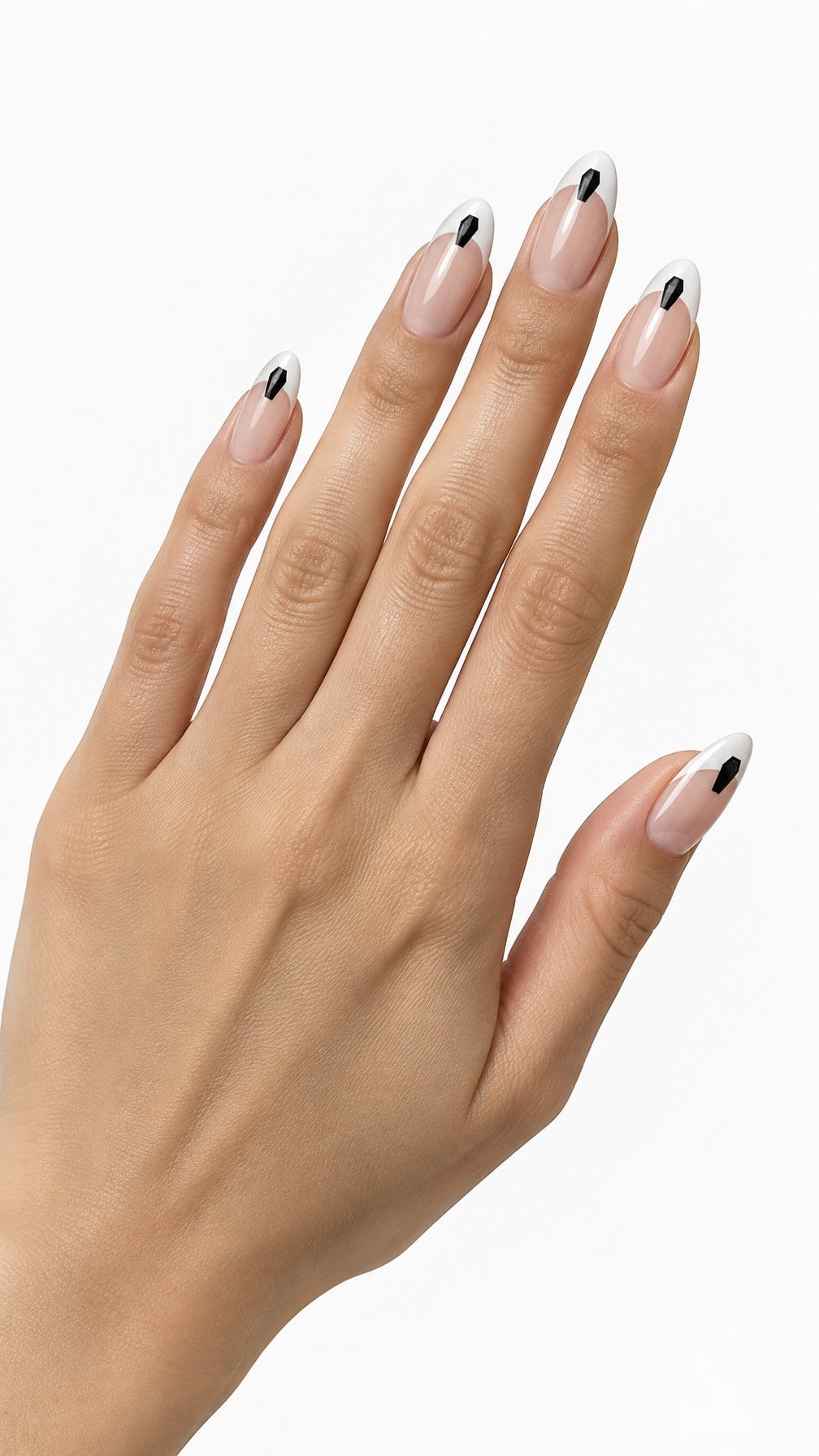 Glossy white French-tip nails decorated with tiny black coffin designs