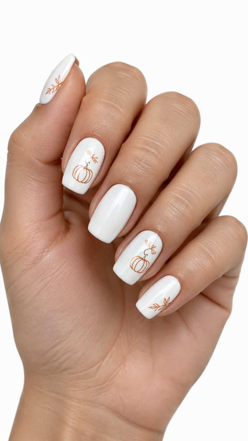 Glossy white nails decorated with delicate orange pumpkin outlines